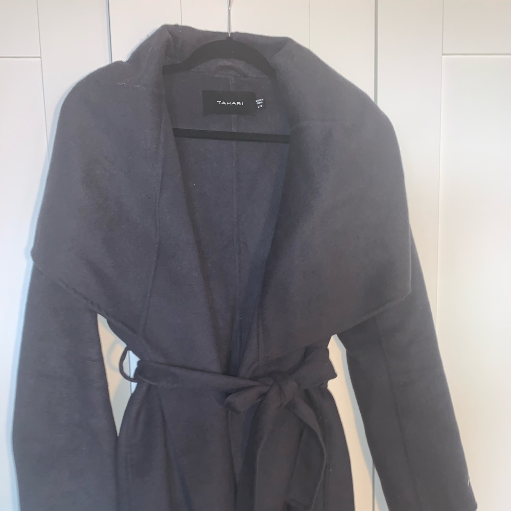 Tahari Wool Blend Shawl Tie Waist Wrap Coat